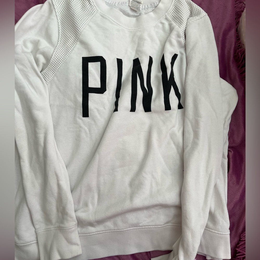 Victoria Secret PINK sweatshirt. In white with black lettering. Size large